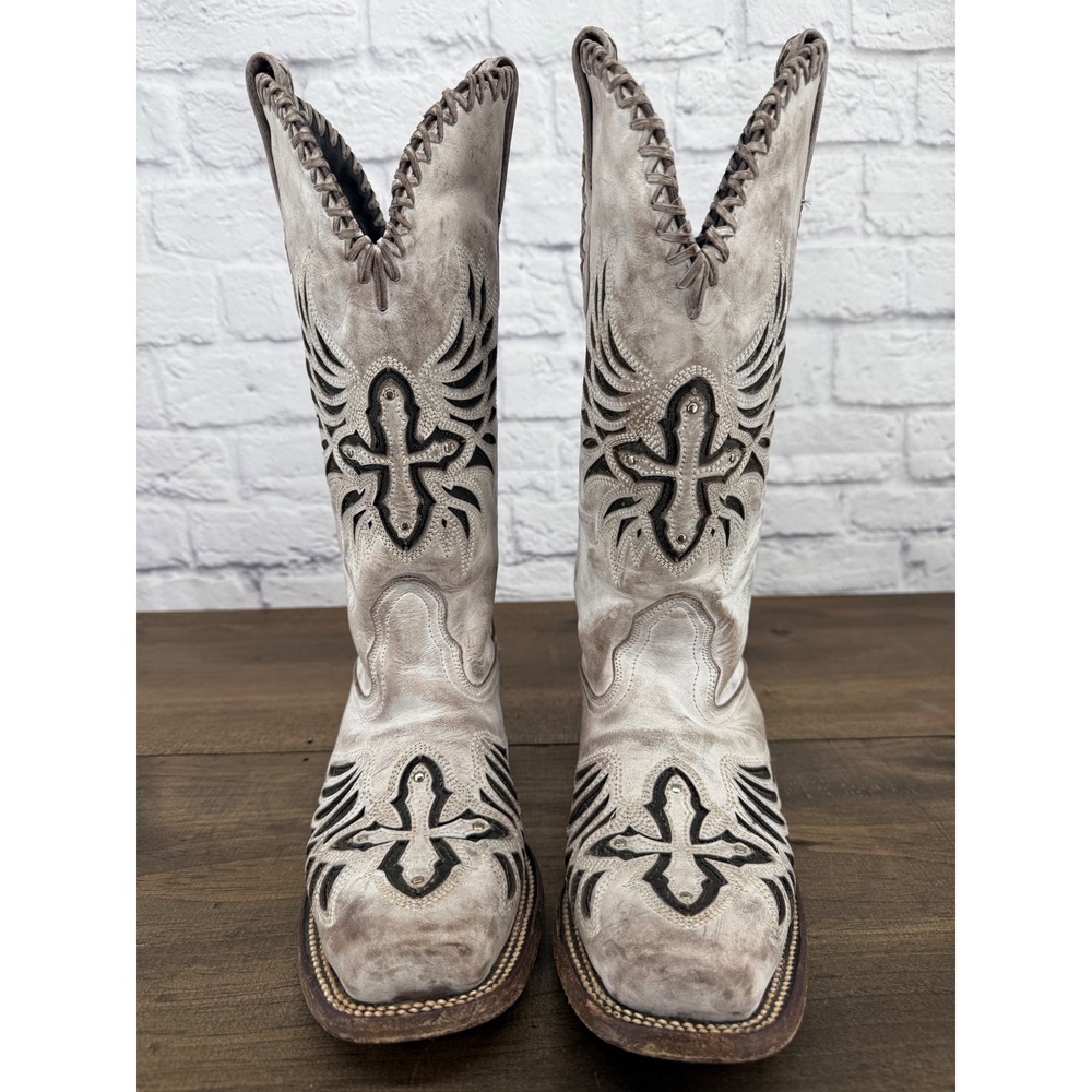 JB Dillon Buttercup Western Boots 8C Distressed Leather Cross Cutout Cowboy - Picture 3 of 15